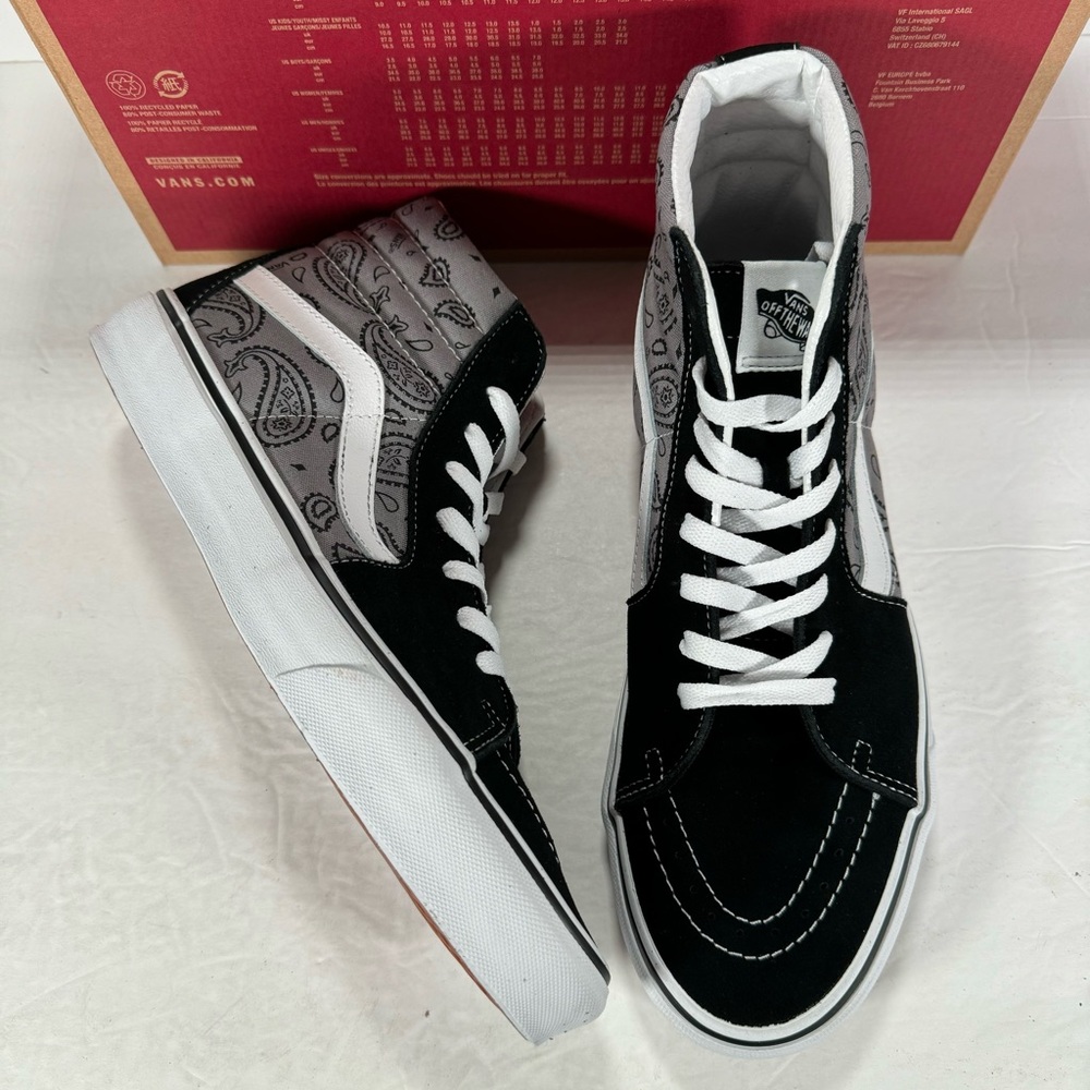 Vans Sk8-Hi Paisley Black Gray True White High Top Sneakers Men 10 Women 11.5